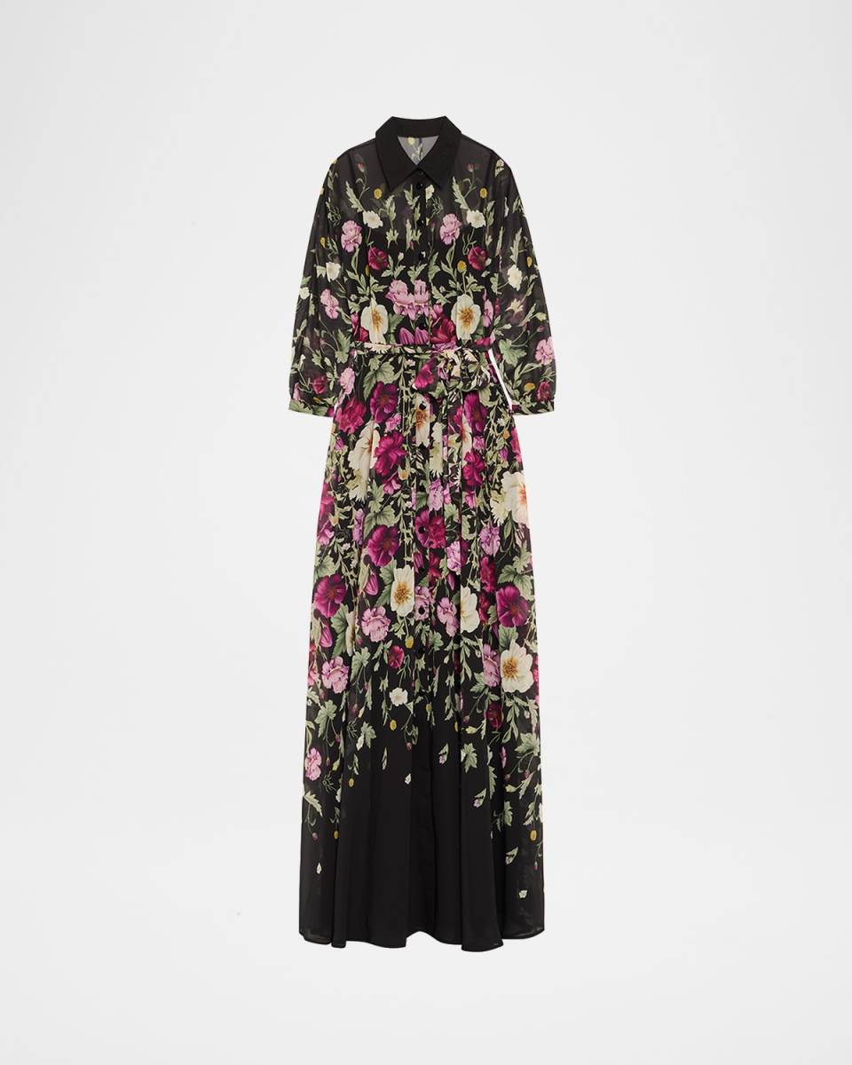 Floral-Print Chiffon Shirt Gown
